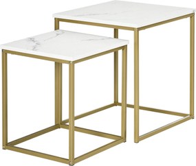 HOMCOM 2 részes Kávézóasztal Szett Márványhatással, Acél Váz, Stacking, Nappali Asztal Kávézóasztal és Oldalasztal Nappalihoz és Hálószobához, Fehér+A
