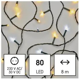 LED karácsonyi fényfüzér, villogó, 8 m, kültéri és beltéri, meleg/hideg fehér, időzítő