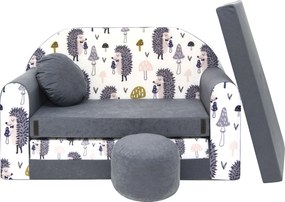 Nyitható mini kanapé gyerekeknek + ajándék puffal sünfélék - grey