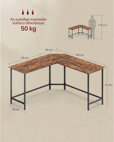 L alakú sarok íróasztal, számítógépasztal, 140 x 140 x 74,7 cm, rusztikus barna/fek