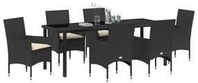 7 részes kerti étkező szett párnákkal fekete polirattannal, Kerti asztal fekete 200x80x73 cm edzett üveggel