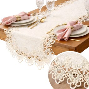 Futópad abrosz asztalra Ecru krémszínű padra Csipkével 40x140 cm gipiura