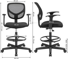 Ergonomikus irodai szék kartámaszokkal, magas forgó szék 55-75 cm ülésmagasság, fekete