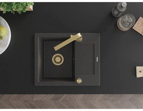 Mexen Enzo, gránit mosogató 576x465x174 mm, 1 kamrás és arany csaptelep Rita, fekete foltos, 6506-76-670300-50