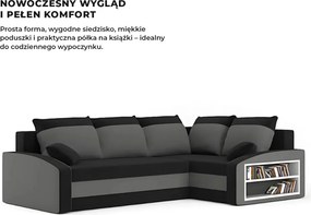 Grande sarokkanapé polcokkal , polc a jobb karfaban, jobboldali, szövet anyag, hab töltet, fekete - szürke