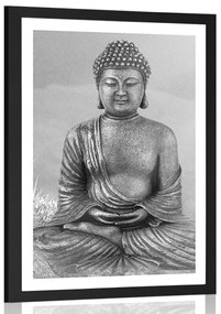 Poszter paszportuval Buddha szobra meditáló helyzetben fekete-fehérben