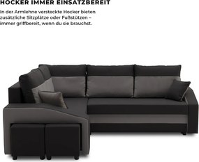 Grande sarokkanapé polcokkal és puffokkal , polc a jobb karfaban puffok a bal karfaban, baloldali, szövet anyag, hab töltet, fekete - szürke