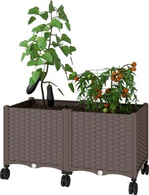 Outsunny emelt virágágyás 6 kerékkel — mobil, önöntözős műanyag ágyás, 80×40×43 cm, barna | Aosom