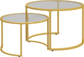 HOMCOM 2 db modern kerek összecsukható dohányzóasztal 70/54 cm edzett üveg felső résszel és arany színű szénacél alappal | Aosom