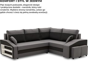 Grande sarokkanapé polcokkal és puffokkal , polc a bal karfaban puffok a jobb karfaban, jobboldali, szövet anyag, bonell töltet, szürke - fekete