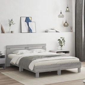 szürke sonoma színű ágykeret fejtámlával és LED-del 140x190 cm