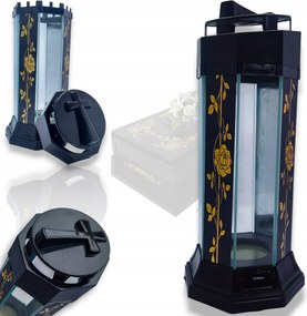 Mécses Üveg Torony Lampion Betét Sír Díszített Arany Rózsa Virágok Fekete