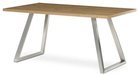Masă de dining 160x90 cm, MDF + furnir, nuanță stejar, picioare metalice, oțel inoxidabil periat.