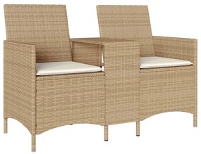 bézs polirattan 2 személyes kerti kanapé asztallal és párnákkal