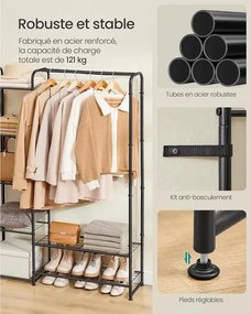 Ruhatartó állvány rúddal és polcokkal, fém kabáttartó, matt fekete