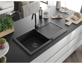 Mexen Leo, gránit mosogató 900x500x190 mm, 1 kamrás és fekete Telma csaptelep, fekete, 6501-77-670200-70-B