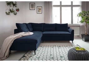 Stylish Stan L sötétkék kinyitható bársony sarokkanapé, bal oldali - Miuform