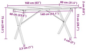 tömör fenyőfa és öntöttvas étkezőasztal X-vázzal 160x80x75 cm