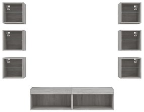 8 darab szürke sonoma színű szerelt fa fali TV-bútor LED-del