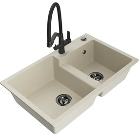 Mexen Tomas 2 rekeszes gránit mosogató konyhai csappal, Duo, bézs - 6516-69-671701-70-B