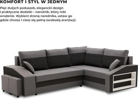 Grande sarokkanapé polcokkal és puffokkal , polc a jobb karfaban puffok a bal karfaban, jobboldali, szövet anyag, bonell töltet, szürke - fekete