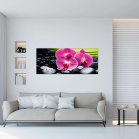 Kép - Rózsaszín orchidea pálmalevéllel (120x50 cm)