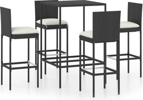 vidaXL 5 részes fekete polyrattan kerti bárszett párnákkal