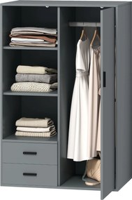HOMCOM Modern Ruhásszekrény 2 Fiókkal, Állítható Nyitott Polcokkal, Akasztósrúddal, Ruhásszekrény Hálószobába és Előszobába, 80x50x124 cm, Sötétszürke