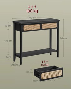 VASAGLE boho konzolasztal 2 fiókkal és polccal, hamufekete