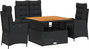 vidaXL 4 részes fekete polyrattan kerti étkezőszett párnákkal