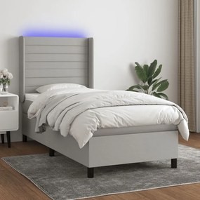 világosszürke szövet rugós és LED-es ágy matraccal 90x200 cm