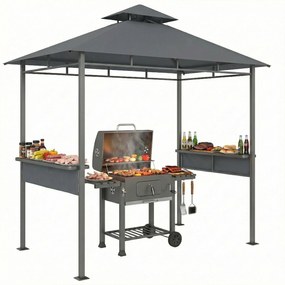 Outsunny grillező pavilon 2,4 x 1,4 m — szélálló dupla szellőzőtető, oldalsó polcok, UV-ellenálló, sötétszürke | Aosom