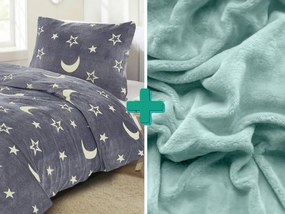 BIG MOON szürke világító mikroplüss ágynemű + SOFT mentol mikroplüss 90x200 cm