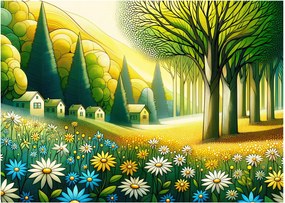 Üveg kép - Falu sárga-zöld színekben (70x50 cm)