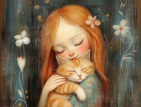 Canvas Vászonkép Gyerek Lány Macska Barátság Retro 100x75