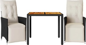 vidaXL 3 részes fekete polyrattan bisztrógarnitúra párnával