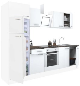 Yorki 270 konyhablokk fehér korpusz,selyemfényű fehér front alsó sütős elemmel felülfagyasztós hűtős szekrénnyel