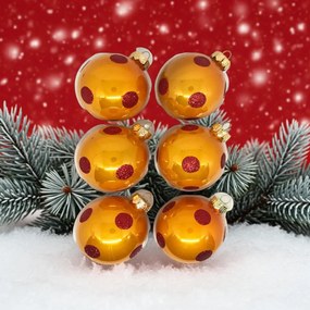 Narancssárga-piros pöttyös kézzel festett karácsonyi üveggömb szett 8 cm 6 db