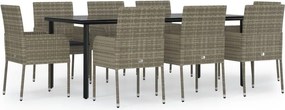 vidaXL 9 részes fekete és szürke polyrattan kerti étkezőszett párnával