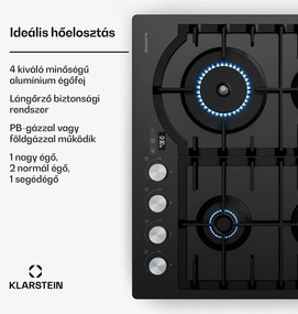 Klarstein Ignito gázfőzőlap, 8 kW, öntöttvas tartókkal, időzítő, hőmérsékletszabályozás