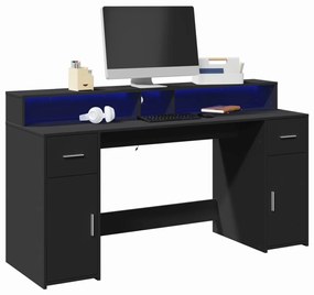 fekete szerelt fa íróasztal LED-világítással 160 x 55 x 91 cm