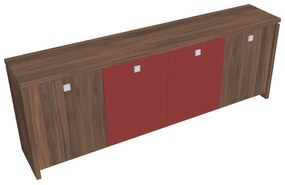 Verno alacsony szekrény 248 x 46 x 90 cm, kombinált ajtó, dió / piros