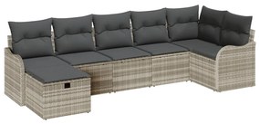 7 részes kerti kanapé szett párnákkal világosszürkében poli rattan, 2 fős kerti kanapé párnákkal világosszürkében poli rattan