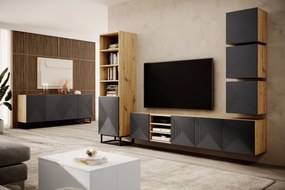 Asha függesztett TV szekrény 200 cm riflázott frontokkal, nyitott fülkével – artisan tölgy / rivier stone matt