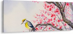 Kép - Madár egy fán, piros virágokkal (120x50 cm)