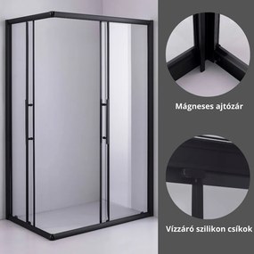 Stuxi Nizza Black 120x80 cm aszimmetrikus két tolóajtós zuhanykabin 6 mm vízlepergető biztonsági üveggel, fekete elemekkel, 190 cm magas, zuhanytálcával és szifonnal