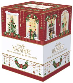 Karácsonyi porcelán teás bögre fém szűrővel díszdobozban Festive Avenue