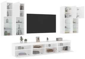 7 darabos fehér falra szerelhető TV-szekrényszett LED-ekkel