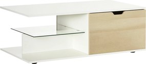 HOMCOM Kortárs Formatervezésű Téglalap Alakú Kávézóasztal 2 Fiókkal, 2 Polccal, Edzett Üvegpolccal, Fehér Tölgy Hatású Panelek 106 x 58 x 39 cm | Aoso
