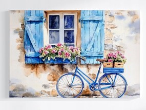 Vászonkép Canvas Kék Kerékpár Ablak Virágok Kilátás Képeslap 120x80